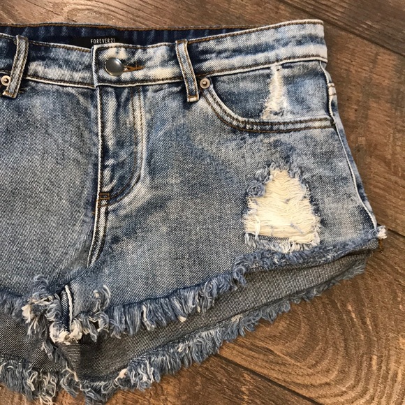 Forever 21 Pants - High Waisted Distressed Cheeky Denim Shorts